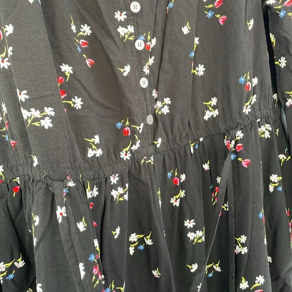 LOFT Black Casual Floral Side Tie Sundress Long Sleeves Medium Petite